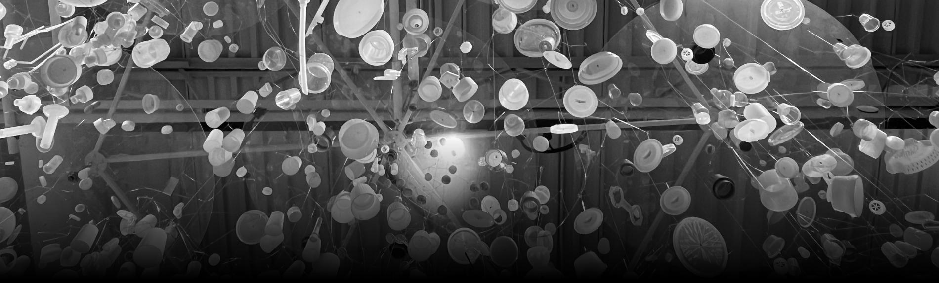 A grayscale photograph of various plastic objects being lit from the back